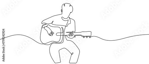 A man is strumming a guitar in one continuous line. Dynamic single line draw design vector illustration Editable stroke.