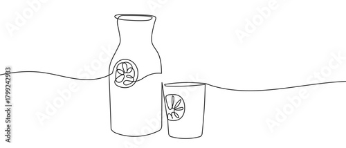 Pitcher and glass of lemonade in one continuous line. Dynamic single line draw design vector illustration Editable stroke.