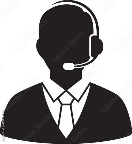 Silhouette of a person wearing a headset and tie on white background icon avatar