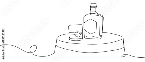 Liquor is placed on wooden barrels in one continuous line. Dynamic single line draw design vector illustration Editable stroke.