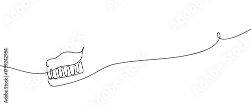 A toothbrush with toothpaste squeezed into it in one continuous stroke. Dynamic single line draw design vector illustration Editable stroke.