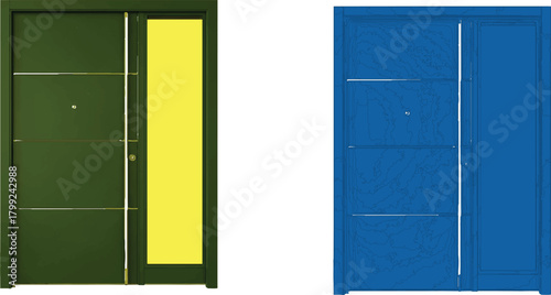 described features two doors that share a similar architectural design but differ in color and style