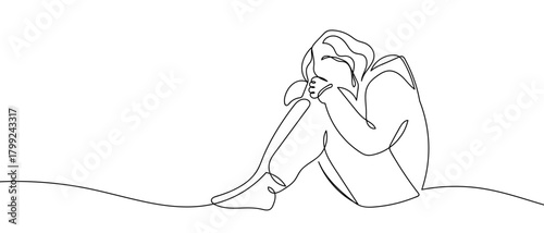 A sad teenage girl sits in one continuous line. Dynamic single line draw design vector illustration Editable stroke.