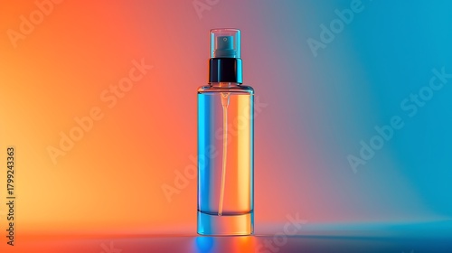 Close up of a clear spray bottle with black top against a gradient background of orange and blue