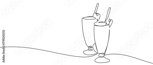 Two glasses of strawberry smoothies in one continuous line Dynamic single line draw design vector illustration Editable stroke.