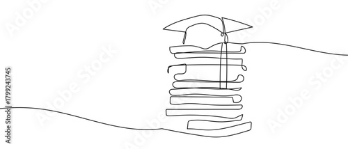 A graduate cap is placed on a pile of books, one continuous line. Dynamic single line draw design vector illustration Editable stroke.
