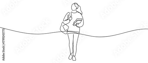 A female student is walking with school supplies, one continuous line. Dynamic single line draw design vector illustration Editable stroke.