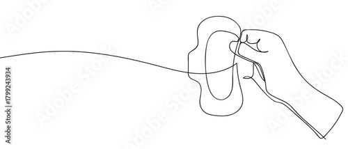 Hand holding a sanitary napkin in one continuous line Dynamic single line draw design vector illustration Editable stroke.