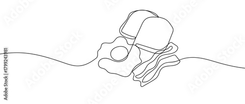 Breakfast set in one continuous line Dynamic single line draw design vector illustration Editable stroke.