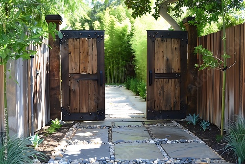 Open rustic wooden gate leading to bamboo garden path