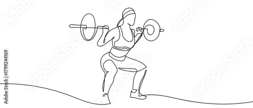 Women lifting weights in one continuous line Dynamic single line draw design vector illustration Editable stroke.