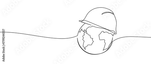 Engineer's helmet on a globe in one continuous line. Dynamic single line draw design vector illustration Editable stroke.