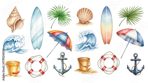 Watercolor collection of summer and beach elements including seashells, surfboards, waves, umbrellas, sand buckets, lifebuoys, and anchors on a transparent background.