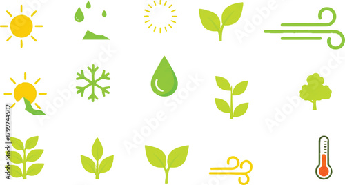 described presents a collection of weather and nature-related icons, thoughtfully arranged in two rows against a clean white background