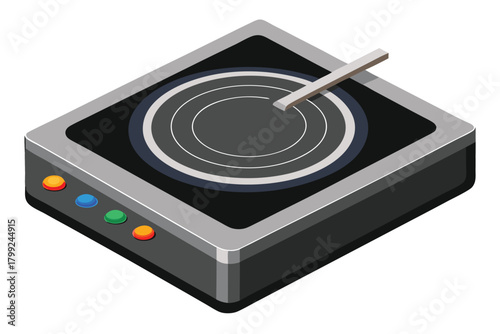 Photos An isometric turntable has a tonearm on it with orange, blue, and green buttons