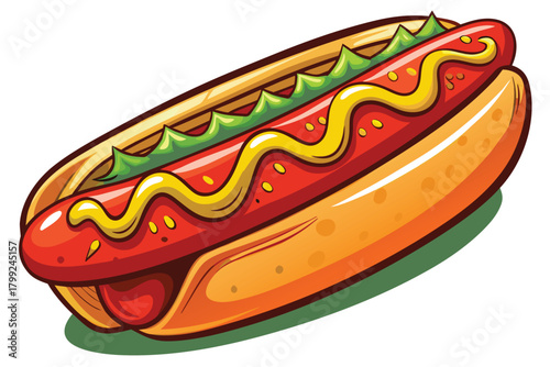 Cartoon hotdog is topped with mustard and relish inside a soft bun