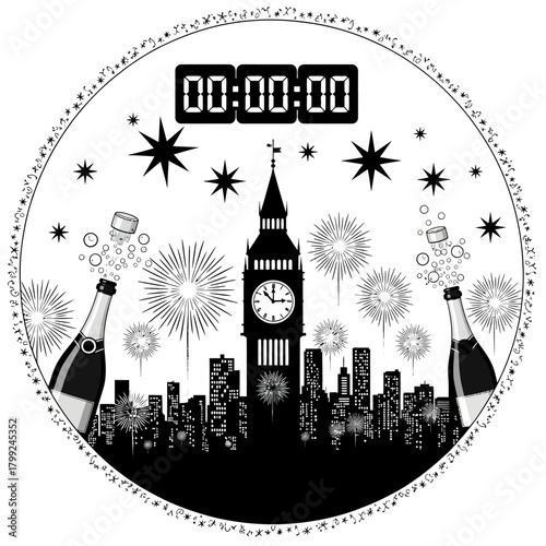 Black and White New Year's London Skyline Countdown Illustration with Big Ben, Popping Champagne, and Fireworks at Midnight.