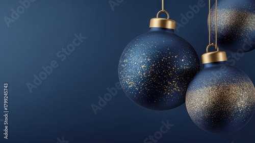 Elegant Christmas ornaments with gold glitter on a deep blue background