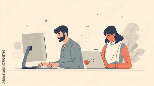 Business man and woman working on computers in a modern office setting
