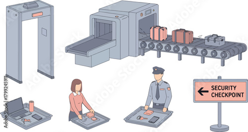 Security Scanner Airport Checkpoint with Woman and Officer in Modern Illustration