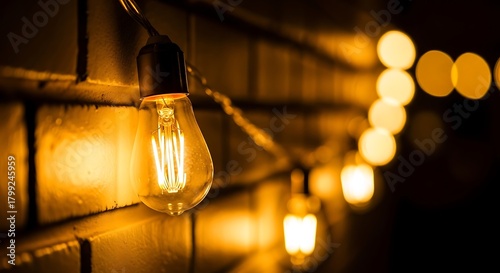 String of glowing edison bulbs illuminating a brick wall at night