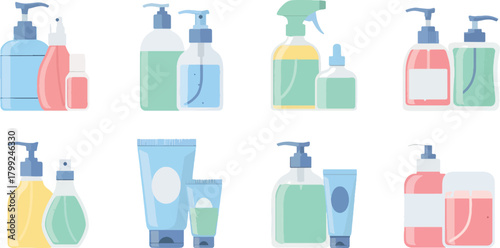 Set of Colorful Liquid Soap Bottles and Dispensers on White Background