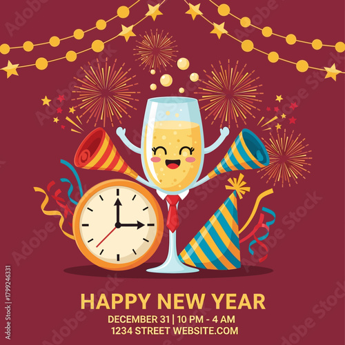 Happy New Year Eve Celebration Party Invitation with Cartoon Champagne Glass Mascot