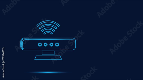 Blue Neon Line Art Vector Illustration of a Wireless Router or Smart Sensor Bar Device Emitting Strong Wi-Fi Signal Waves Against a Dark Blue Technology Background Perfect for Modern Network