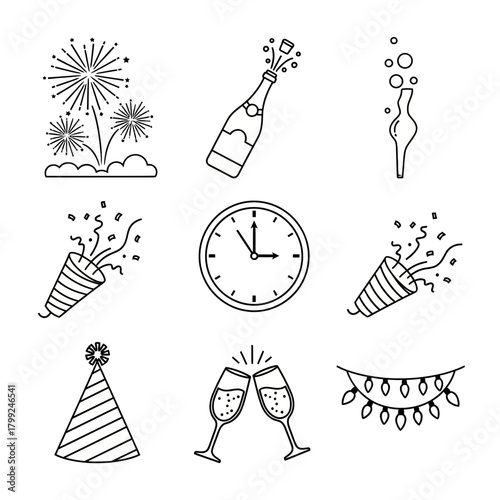 New Year's Eve Celebration Icons Set - Line Art Collection of Fireworks, Champagne, Confetti Poppers, Clock, and Party Elements.