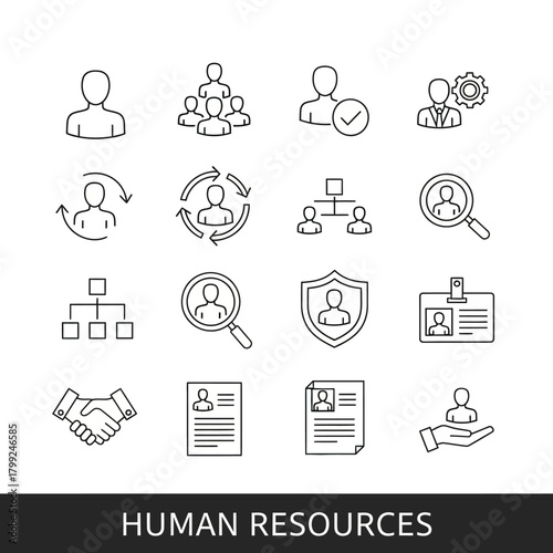 Human Resources Line Icons Set - HR Management, Recruitment, Teamwork, and Staffing Symbols