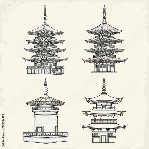 Set of Four Japanese Pagoda Engravings: Vintage Buddhist Temple Illustrations