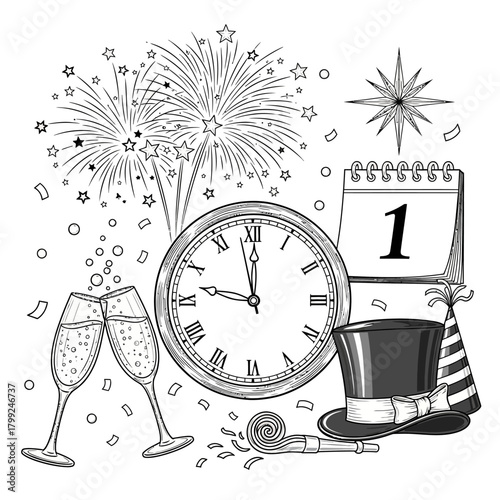 New Year's Eve Countdown: Clock, Champagne, and Fireworks Line Art Illustration