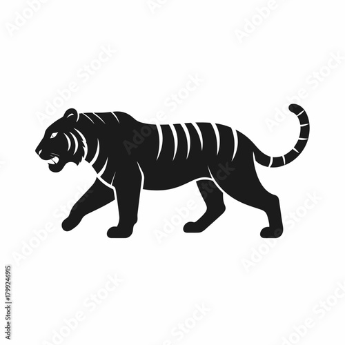 A black silhouette of a tiger walking with its mouth slightly open, showing its teeth and a curled tail.