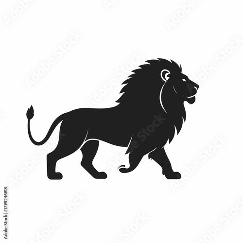 Silhouette of a majestic lion walking, facing right, with a full mane and curled tail, against a white background.