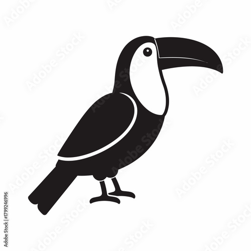 Silhouette illustration of a toucan bird, standing with a large beak and distinctive white neck patch.