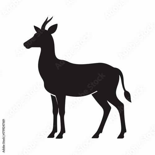 Silhouette of a standing antelope with small horns and a slender build, facing left.