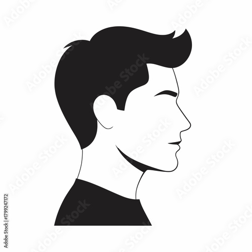 Minimalist vector illustration of a young man's head and shoulders in profile, featuring dark hair and clean lines.