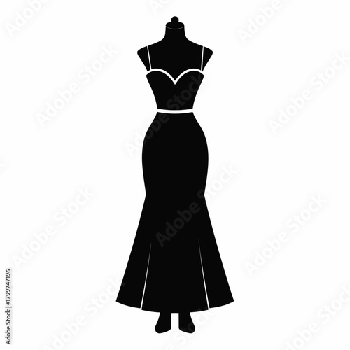 Black silhouette of a long, elegant evening dress displayed on a dressmaker's mannequin, featuring a sweetheart neckline and flared skirt.