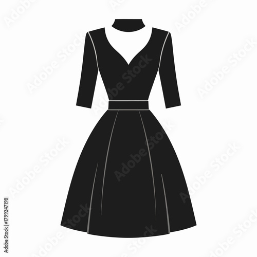A black vintage-style dress with a V-neck, elbow-length sleeves, a cinched waist, and a full skirt is depicted in a minimalist vector illustration.
