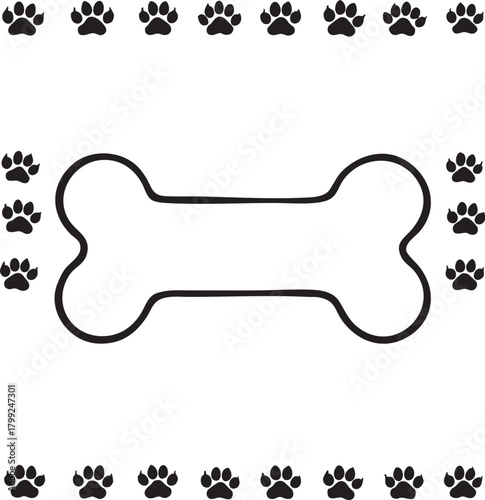 Dog Bone Outline Frame Vector with Paw Prints Border: Pet Shop, Animal, and Puppy Graphic Design Template