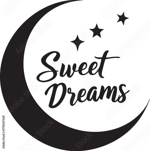 Sweet Dreams Script Lettering Vector on Crescent Moon and Stars: Good Night, Sleep, and Nursery Graphic Design