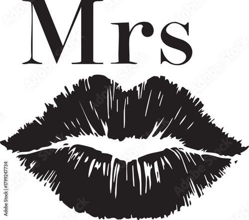 Mrs Typography with Black Lipstick Kiss Print Vector: Bridal, Wedding, Bachelorette Party, and Marital Celebration Graphic