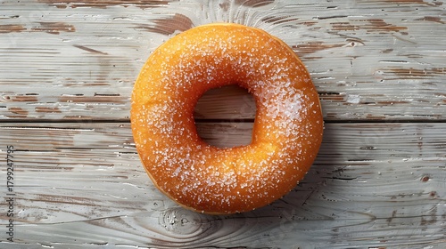 Top view of sugared cruller donut on light wooden surface