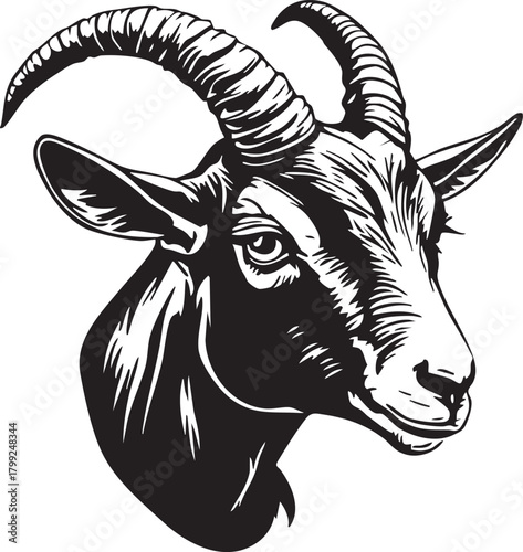 Detailed Goat Head Vector Illustration | Farm Animal Mascot with Horns for Logo or T-Shirt Print Design