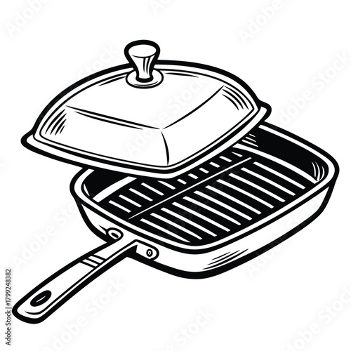 Black and white square grill pan with lid shown in a art drawing