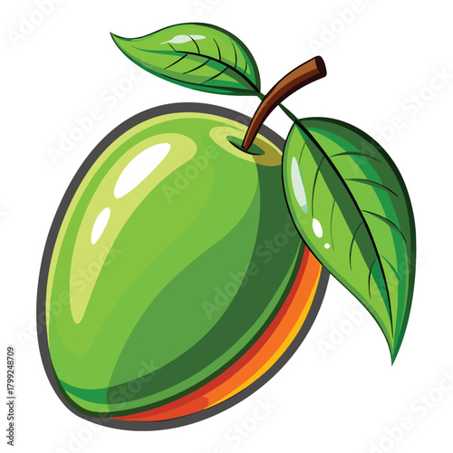 Cartoon style green mango shows fresh leaves on a white backdrop perfectly