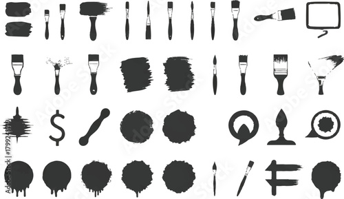 described showcases a collection of black vector icons that are thematically centered around painting and art.