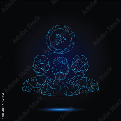 Futuristic Digital Audience Viewing Media Content Represented By Three Polygonal Human Silhouettes And A Wireframe Speech Bubble Containing A Play Button Icon On A Dark Background Vector Ill