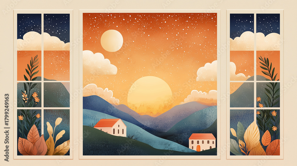 Obraz premium View from an open window of a house in a stylized landscape