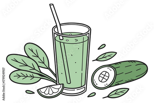 Green spinach smoothie in a glass with a straw, cucumber and lime is around